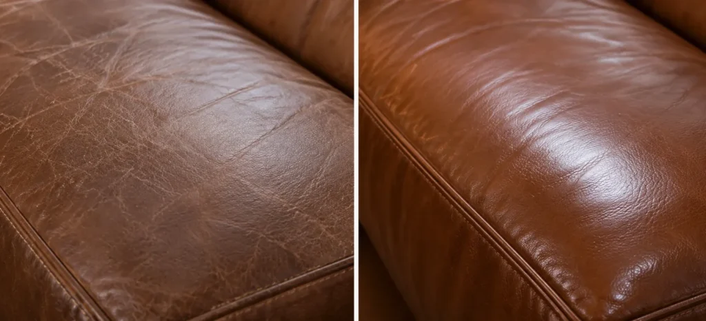 Brown leather panel with faded color, before and after conditioning
