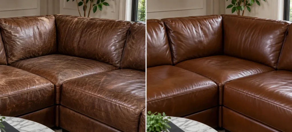 Brown leather sectional that had dried out, before and after conditioning