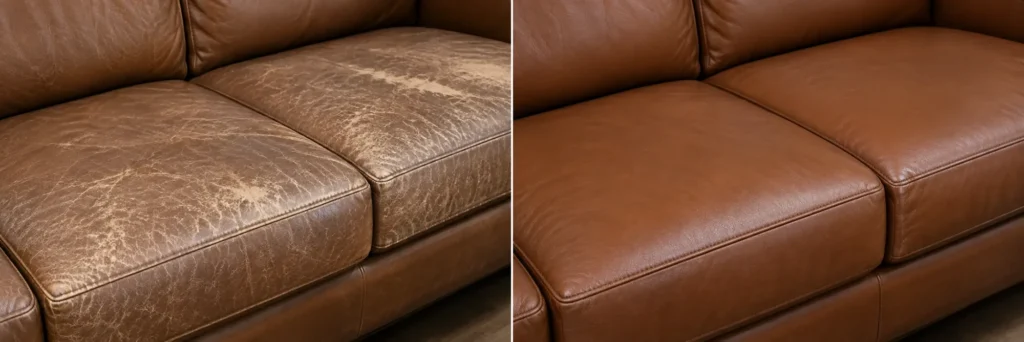 Brown leather sofa gone dry and pale, shown before and after recoloring