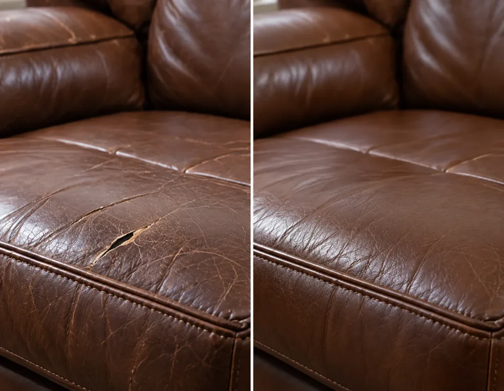 Brown leather sofa seat before and after tear repair