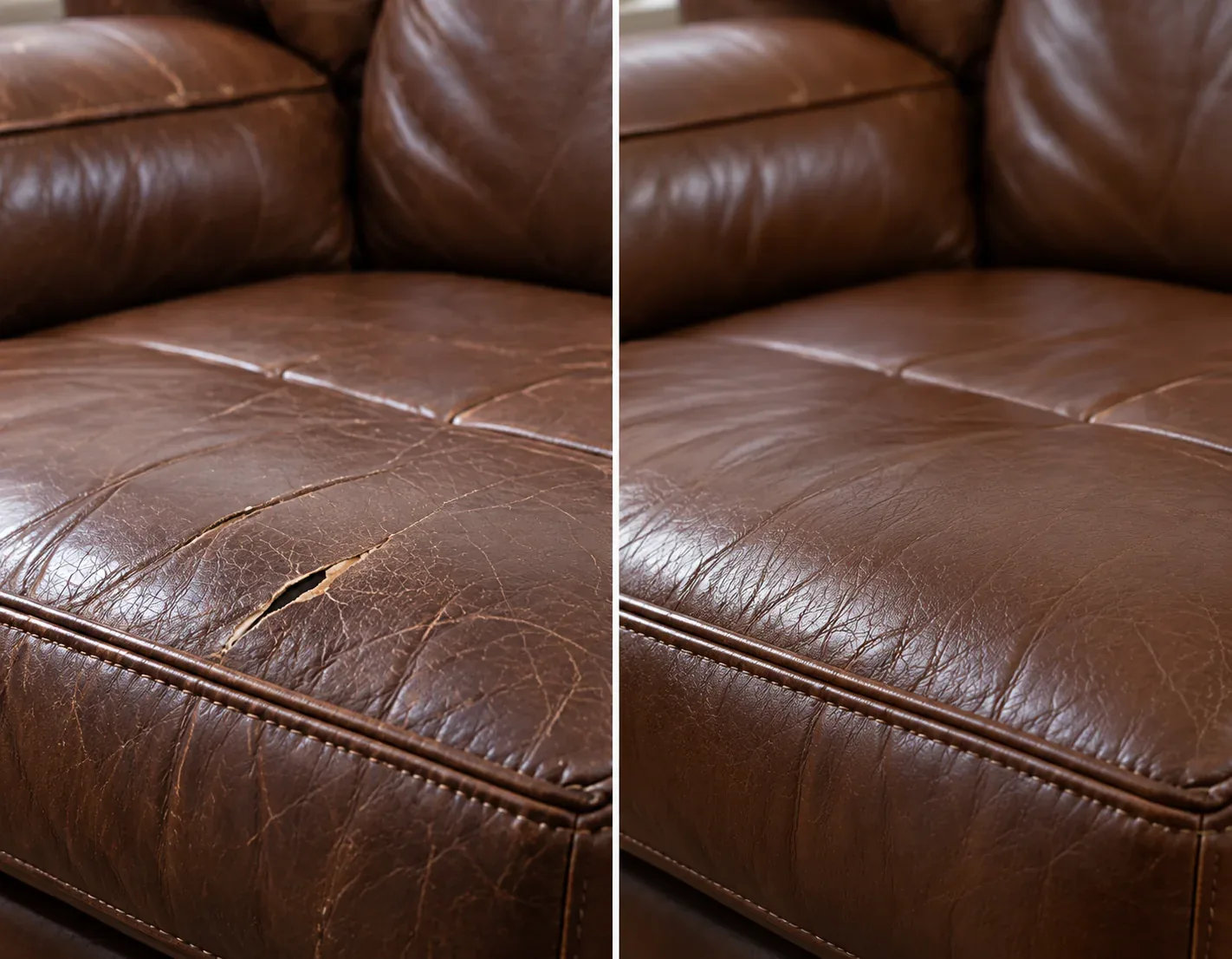 Brown sofa with a hole, holes & tears repair, shown before and after
