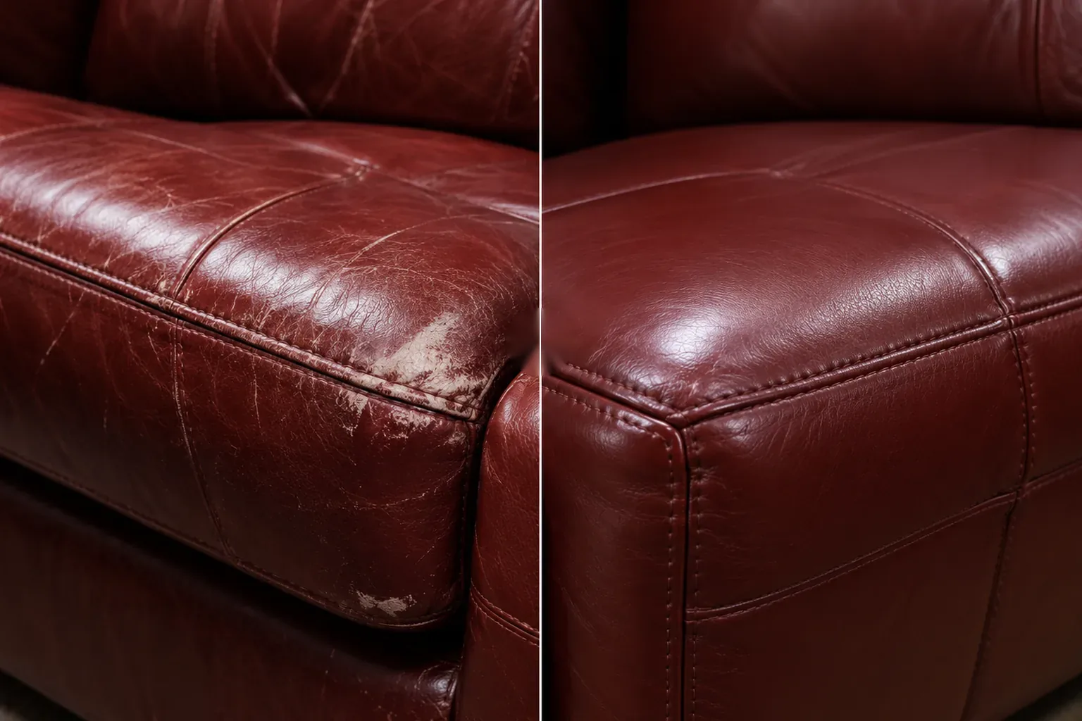 Arm in burgundy, cracks repair, shown before and after