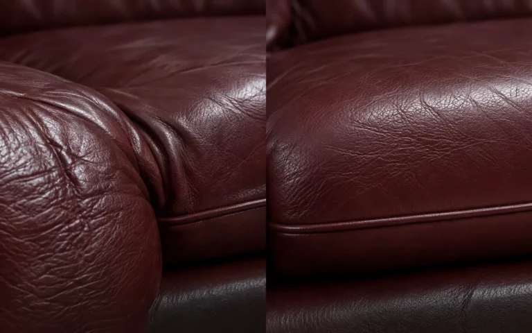 Burgundy leather cushion before and after restoration