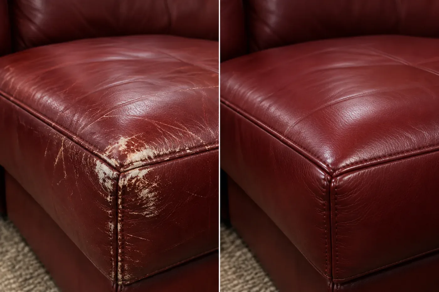 Corner of a burgundy cushion, wear & scuffs repair, shown before and after