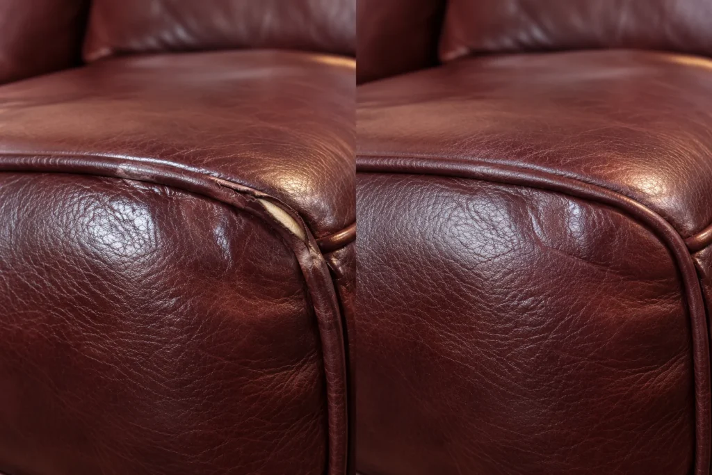 Burgundy leather cushion, piping split open, shown before and after