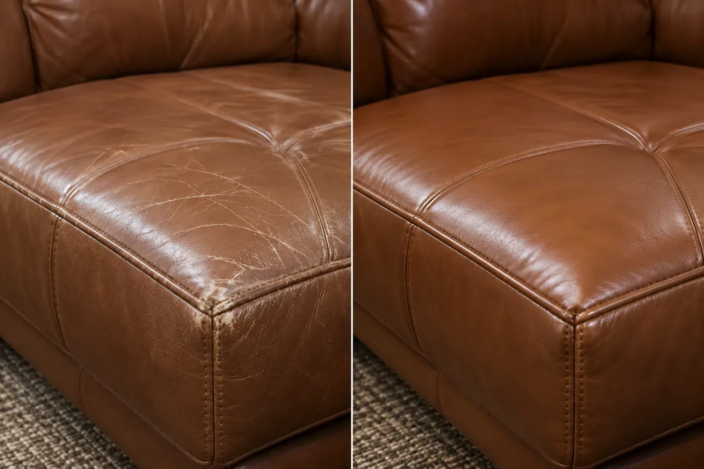 Seat in caramel, wear & scuffs repair, shown before and after