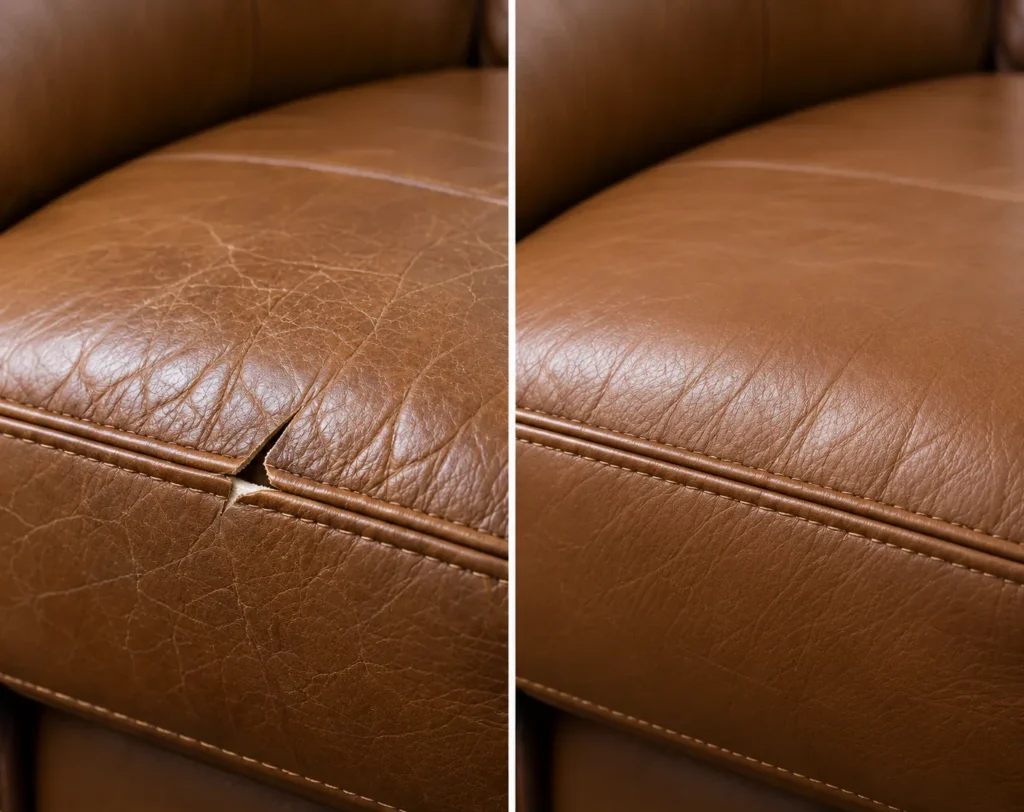 Caramel leather welt before and after tear repair