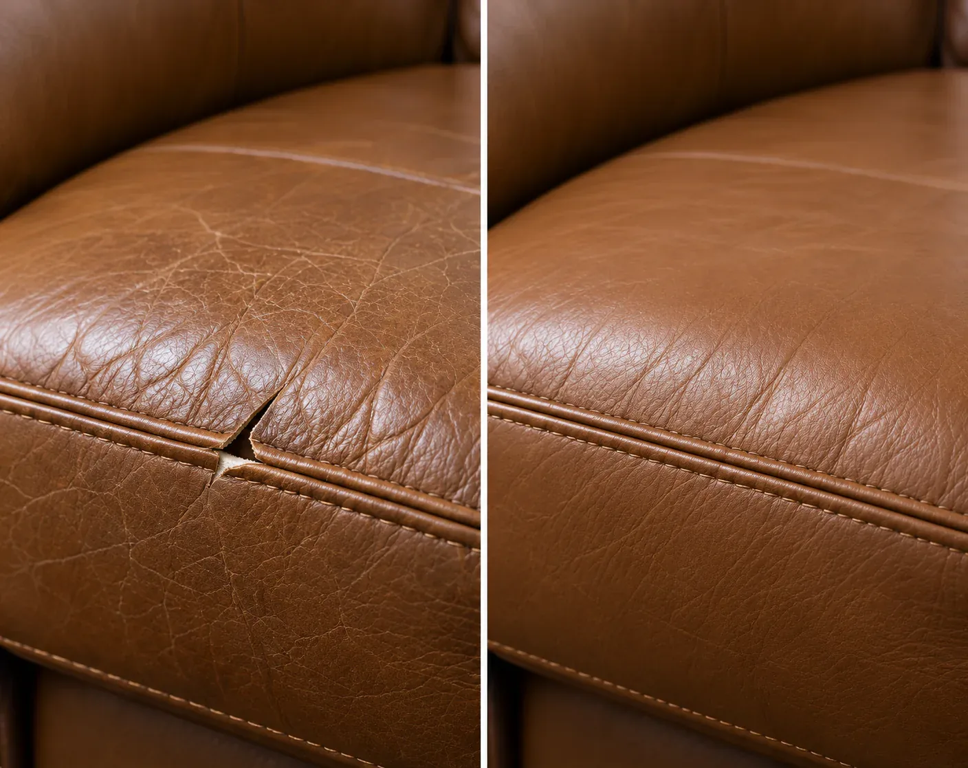 Welt cut, caramel, holes & tears repair, shown before and after