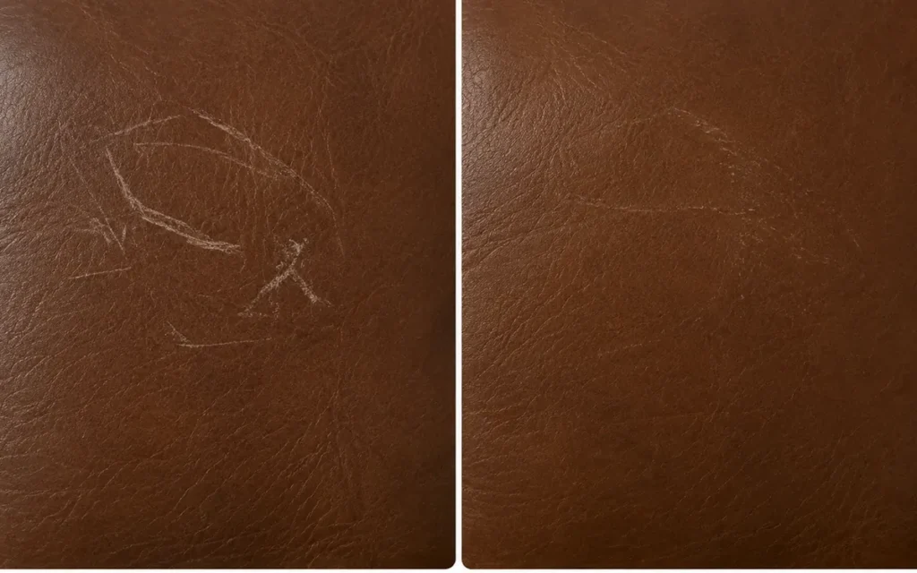 Brown leather marked by a cat, before and after
