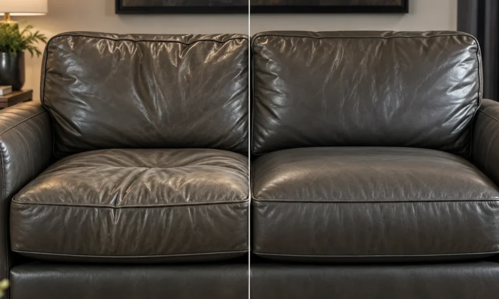 Loveseat in charcoal leather whose cushions had creased, before and after the foam was replaced