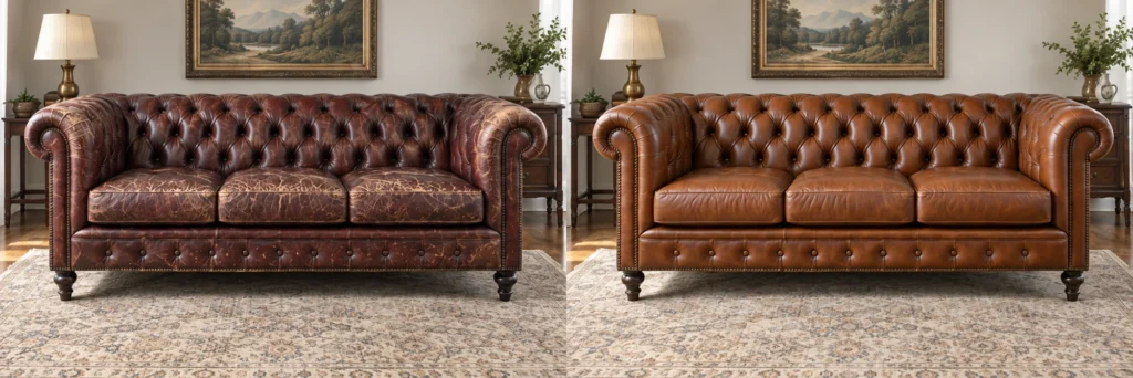 Tired Chesterfield sofa redone in tan hide, before and after