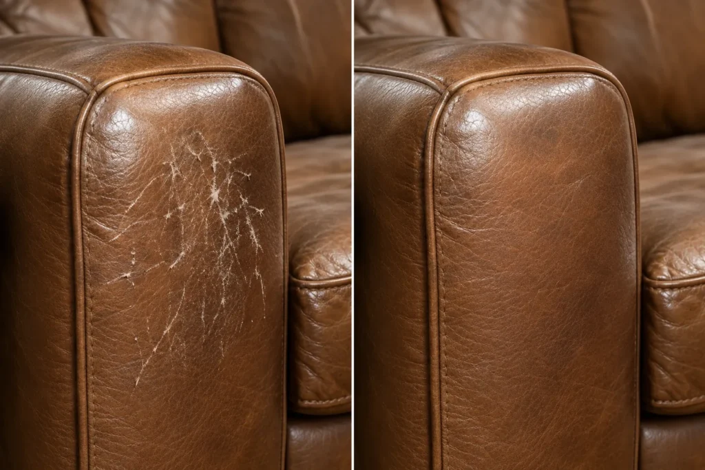 Cognac leather armchair arm, before and after cat scratch repair