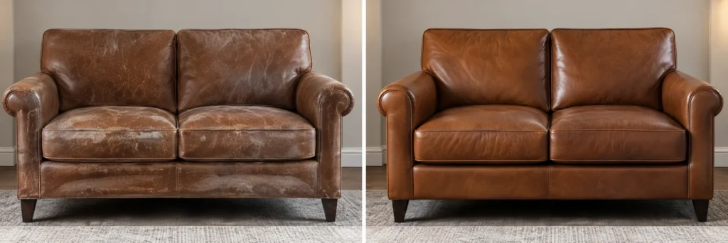 Cognac leather loveseat with wear, shown before and after
