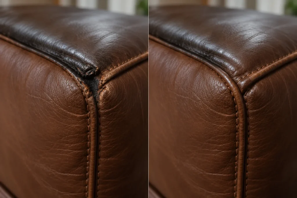 Dark brown couch edge with a burn, shown before and after