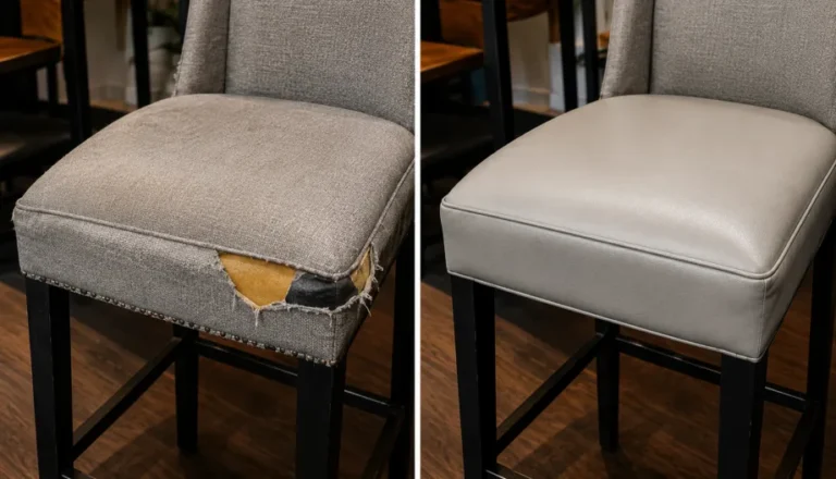A counter chair shown before and after reupholstery