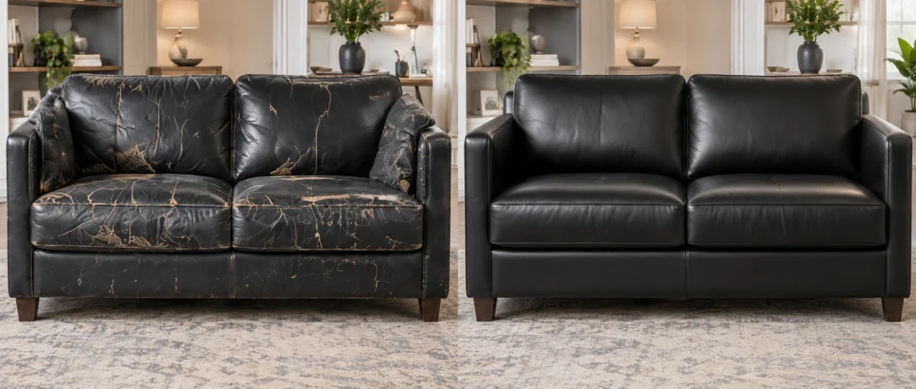 Black sofa with peeling leather, recovered in fresh black hide, before and after