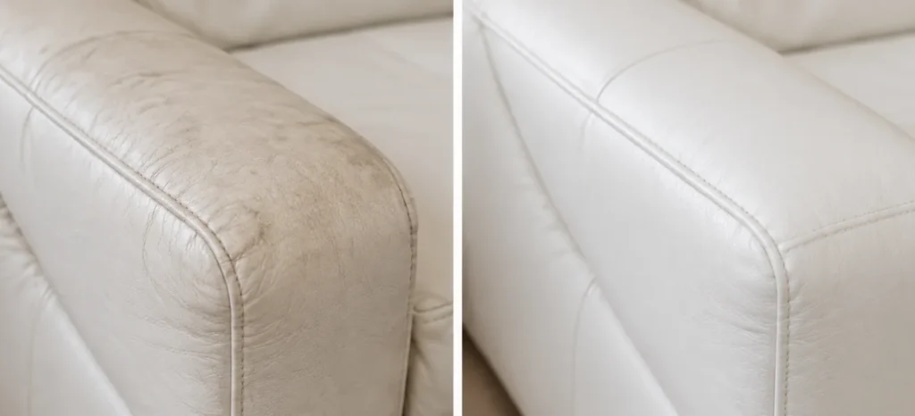 Cream leather sofa arm, parched, before and after conditioning