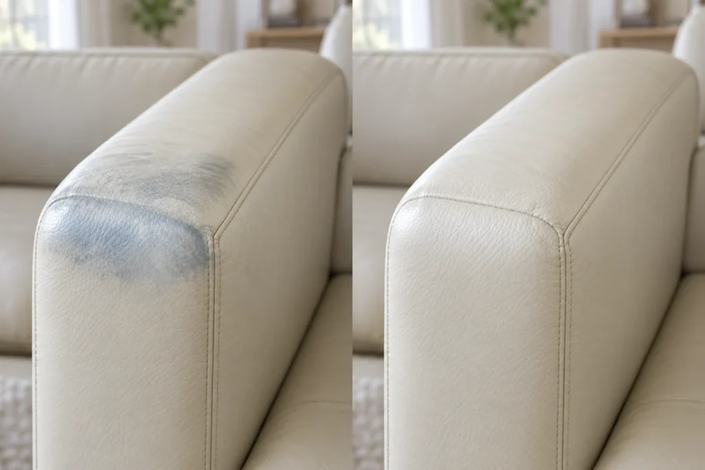 Cream leather arm with an older blue dye mark, shown before and after