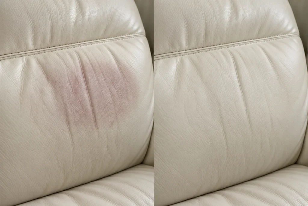 Cream leather seat back tinted red by a pillow, shown before and after