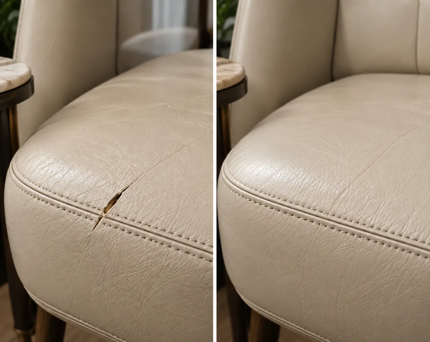 Cream chair with a cut, holes & tears repair, shown before and after
