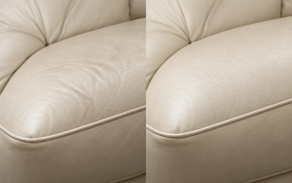 Flat cream leather cushion before and after new foam, before and after
