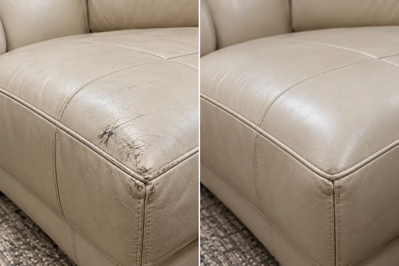Edge of a cream cushion, wear & scuffs repair, shown before and after