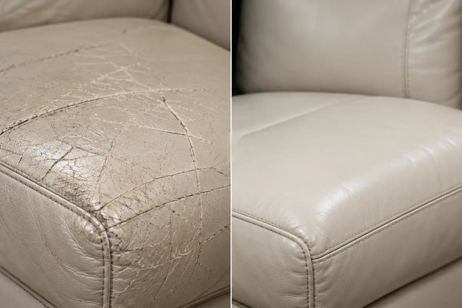Seat in cream, cracks repair, shown before and after
