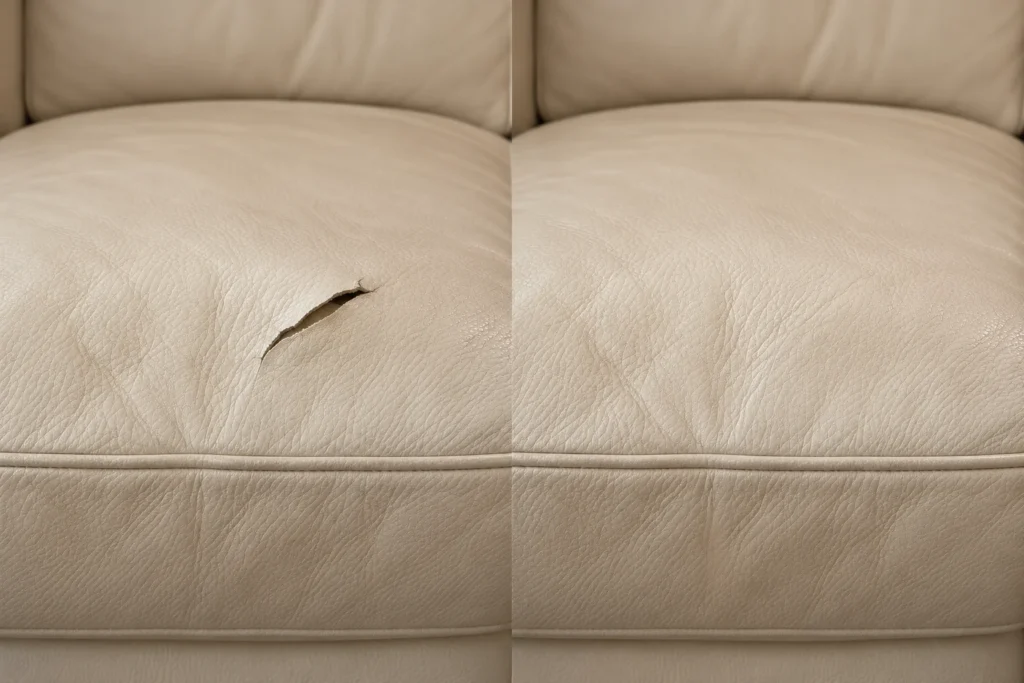 Cream leather seat cushion with a tear, shown before and after