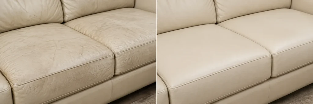 Cream leather sofa with dirty creases, shown before and after recoloring
