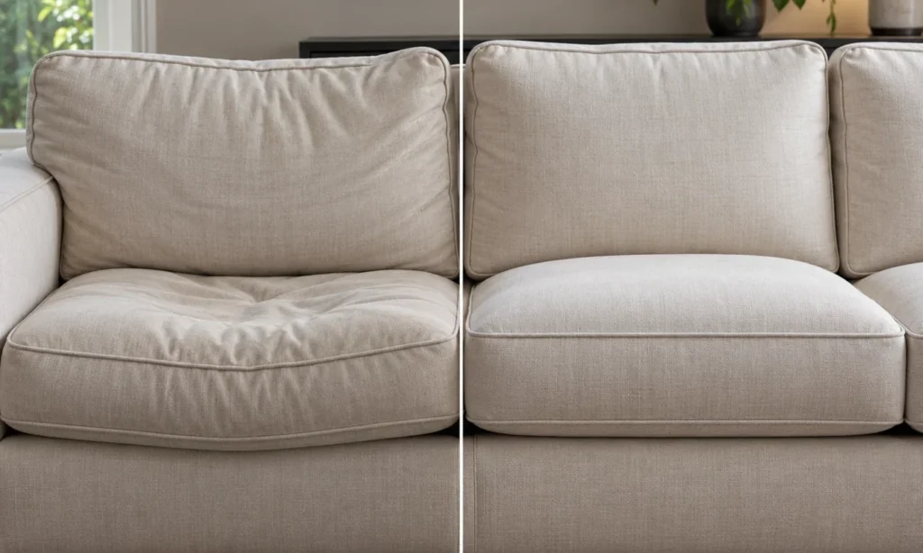 Sofa in cream fabric whose cushions had sunk, before and after the foam was replaced