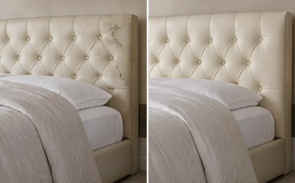 Tufted cream headboard, shown before and after