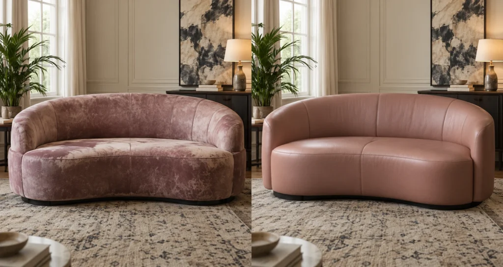 Curved sofa with faded leather, redone in rose, before and after