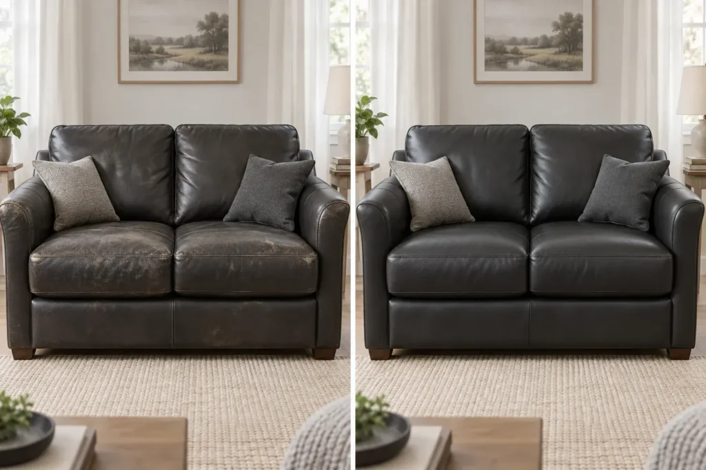 Dark brown leather loveseat, before and after peeling repair