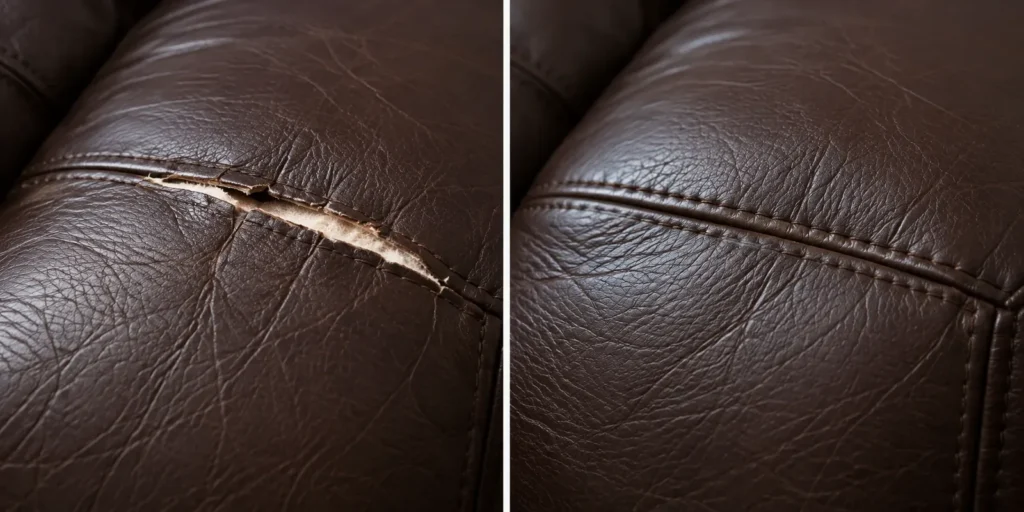 Dark brown seam rip, shown before and after