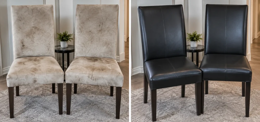 Stained dining chairs reupholstered in black leather, before and after reupholstery