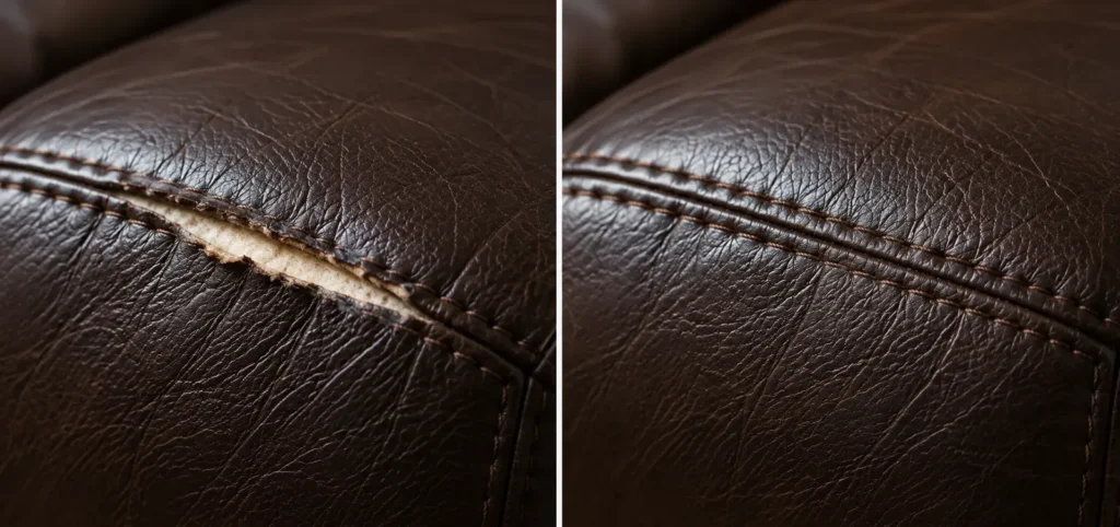 Split seam on espresso leather, repaired