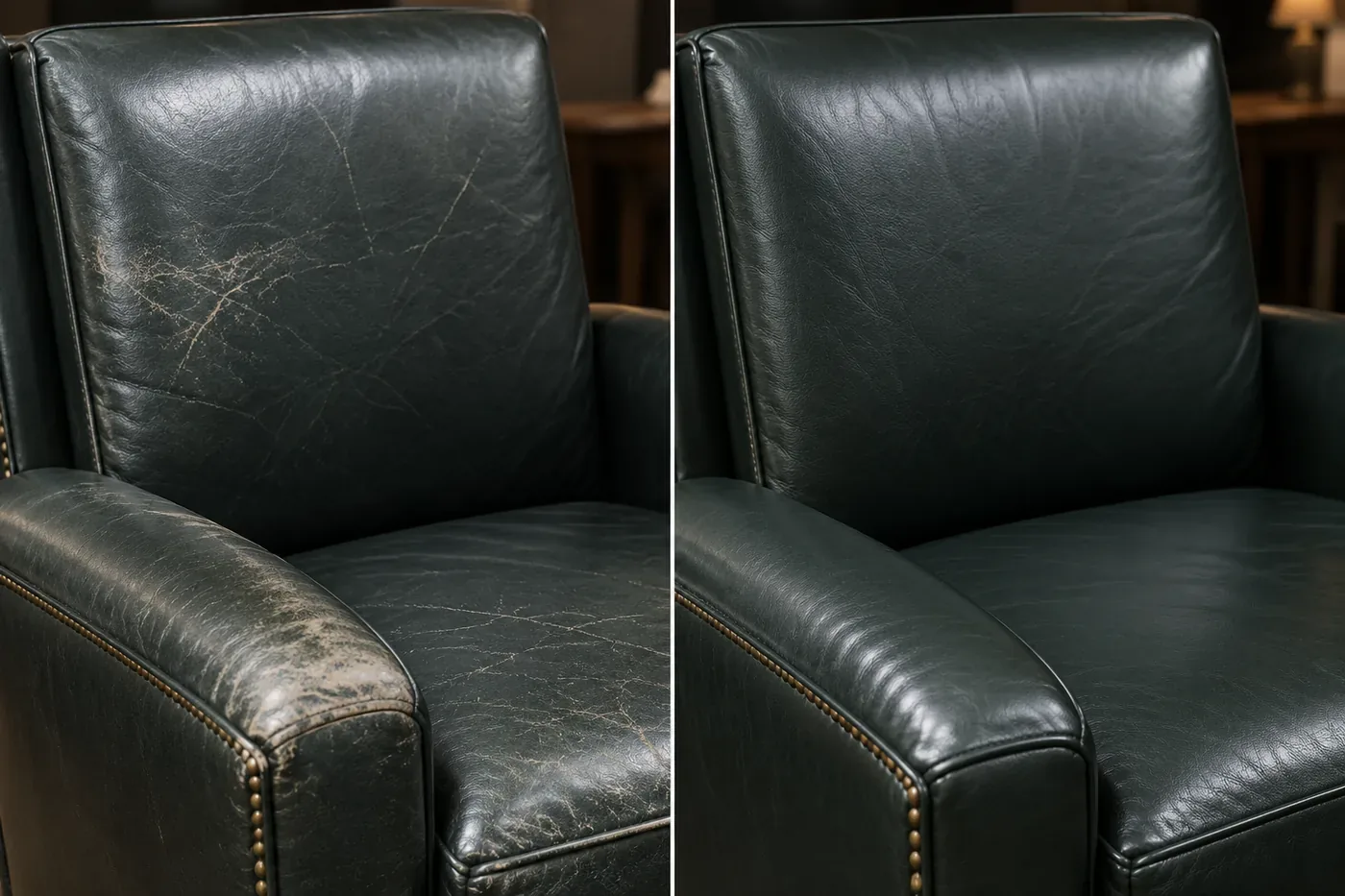 Club chair in green shown before and after leather repair. Light wear marks on the arms and back, now gone from the dark green.