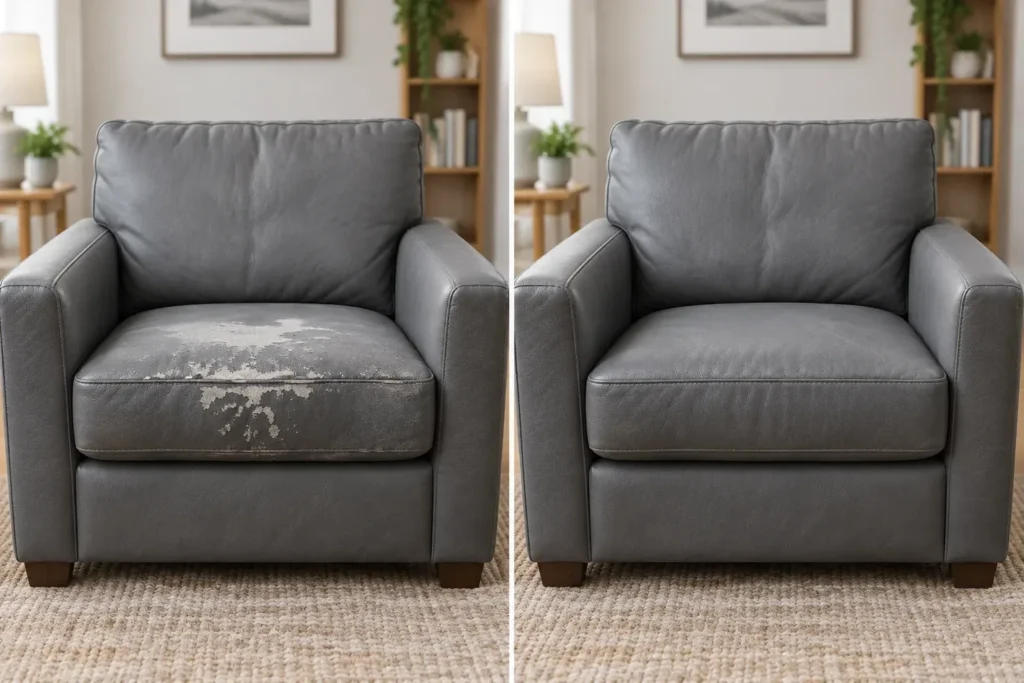 Gray leather armchair seat, before and after peeling repair
