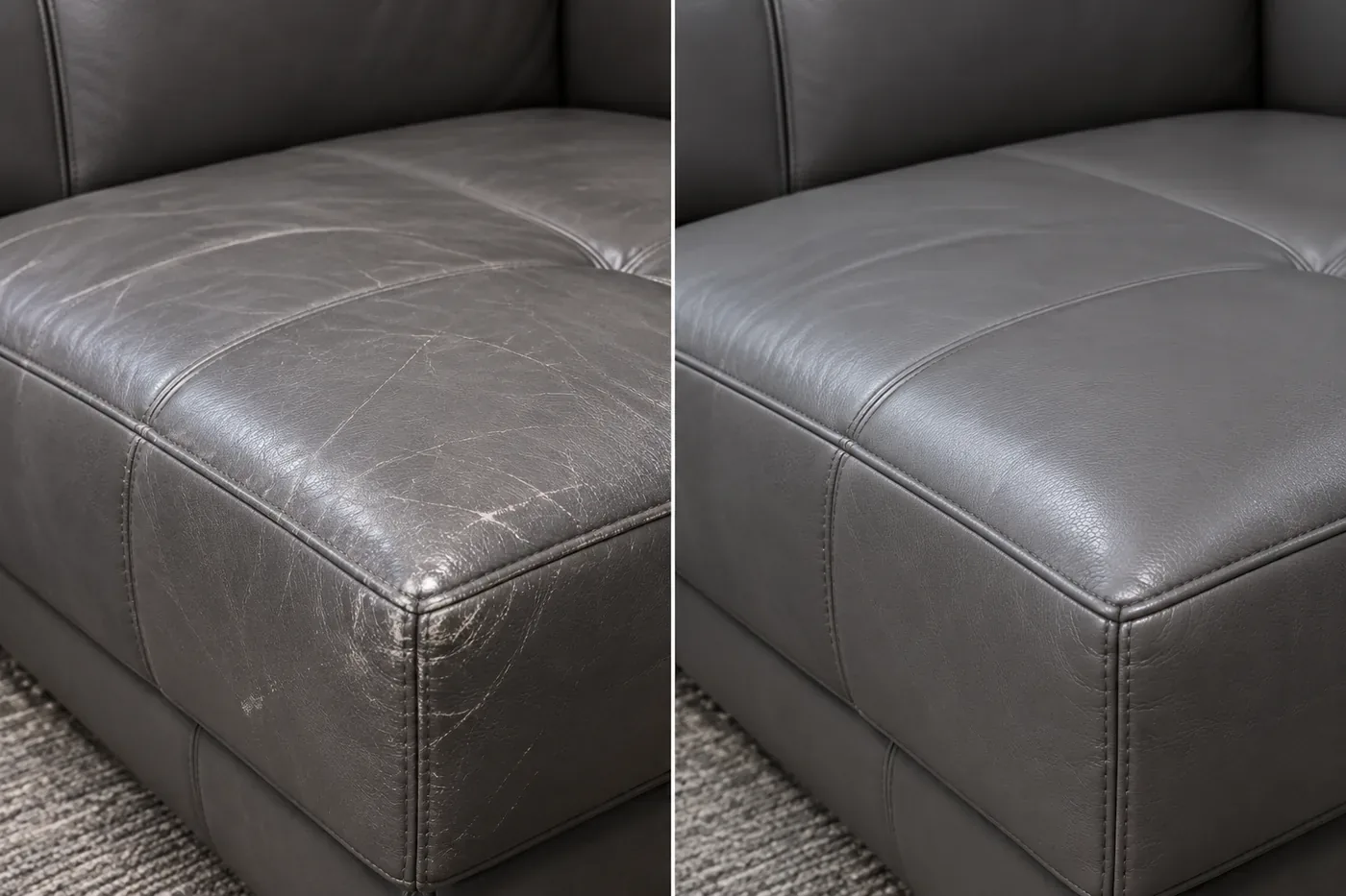 Cushions in gray, wear & scuffs repair, shown before and after