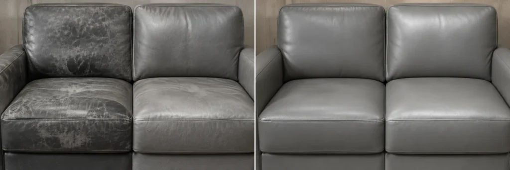 Gray leather sofa with worn seats, shown before and after recoloring