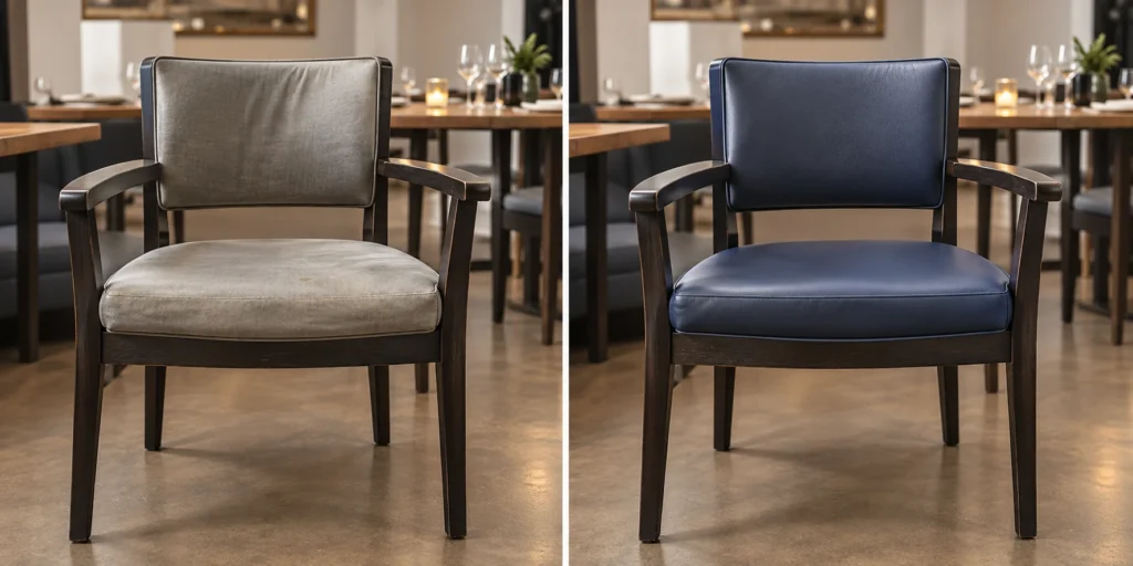 Guest chair seat before and after a new cover and core