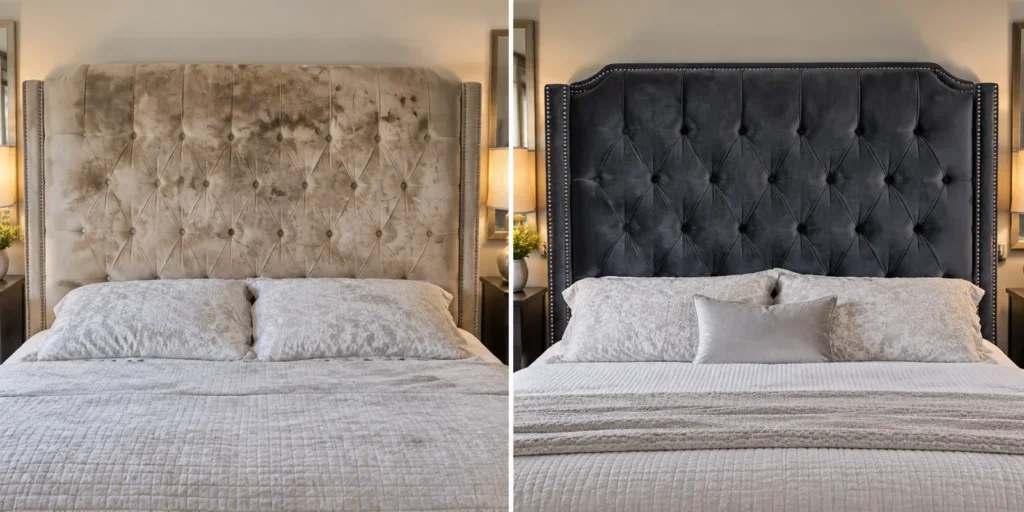 Worn velvet headboard reupholstered in charcoal, before and after reupholstery