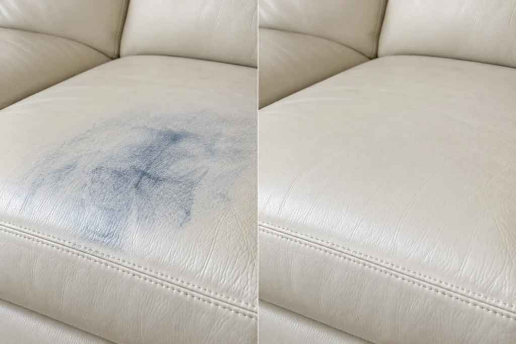 Ivory leather seat cushion marked by blue jeans, shown before and after