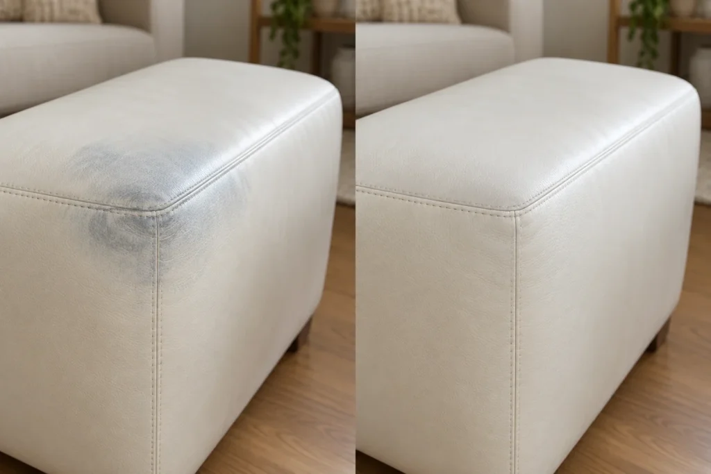 Ivory leather ottoman with a blue-gray dye mark, shown before and after