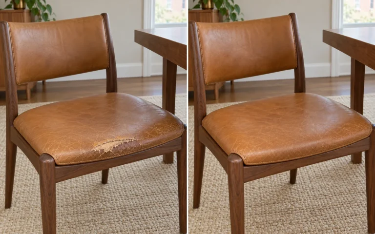 Tan leather dining chair seat before and after repair