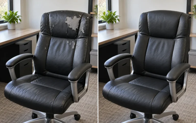 Black leather office chair before and after peeling repair