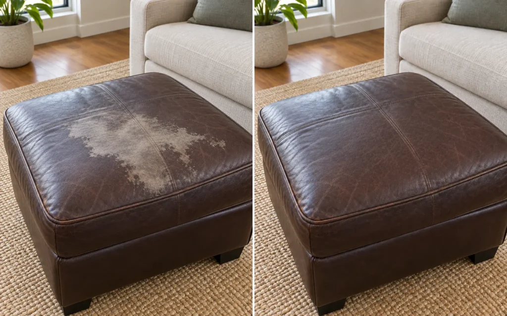 Stained brown leather ottoman shown before and after