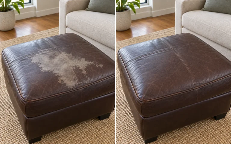 Brown leather ottoman before and after stain removal