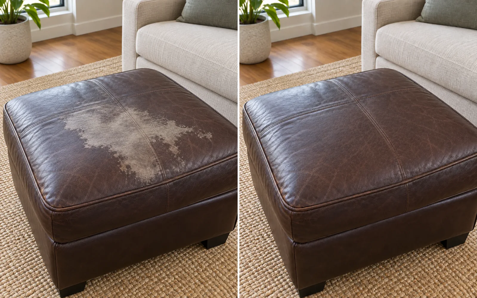 Leather ottoman shown before and after leather repair. A broad pale stain on the brown top, lifted out, then color-matched.