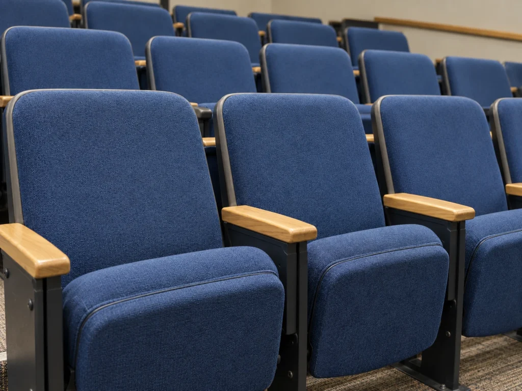 That row with clean, matching blue seats